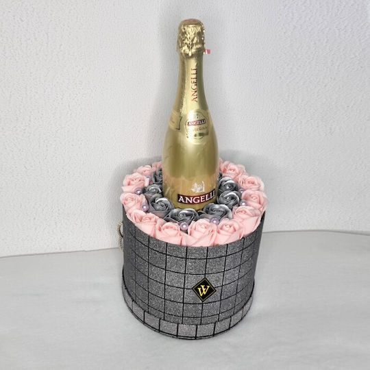 Velve Silber Geschenk Blumenarrangement Seifenrosen Angelli Cuvee Gold Sekt
