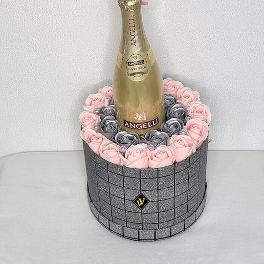 Velve Silber Geschenk Blumenarrangement Seifenrosen Angelli Cuvee Gold Sekt