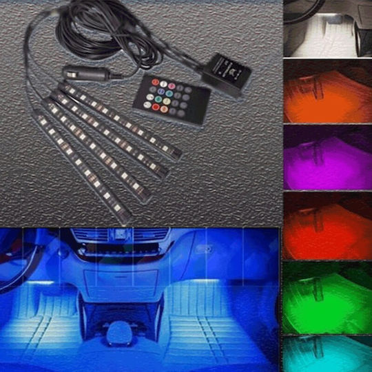 Lumina Led RGB Interior Auto cu Senzor de Sunet 4 Benzi Adezive 12 V Telecomandă IR