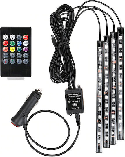 Lumina Led RGB Interior Auto cu Senzor de Sunet 4 Benzi Adezive 12 V Telecomandă IR