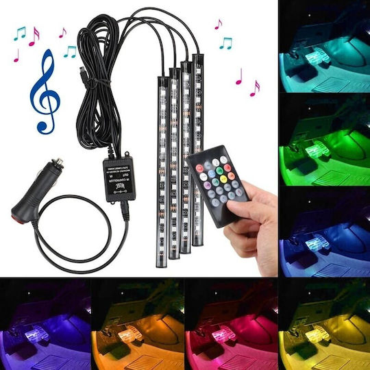 Lumina Led RGB Interior Auto cu Senzor de Sunet 4 Benzi Adezive 12 V Telecomandă IR