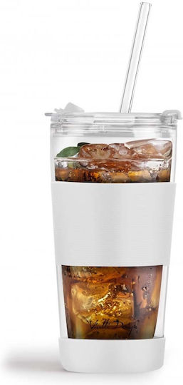 Vialli Design Pahar Cafea / Cafea grecească Freddo din Sticlă în Culoarea Alb cu pai 600ml
