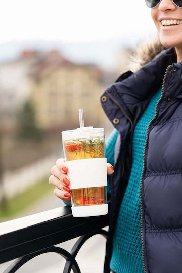 Vialli Design Pahar Cafea / Cafea grecească Freddo din Sticlă în Culoarea Alb cu pai 600ml