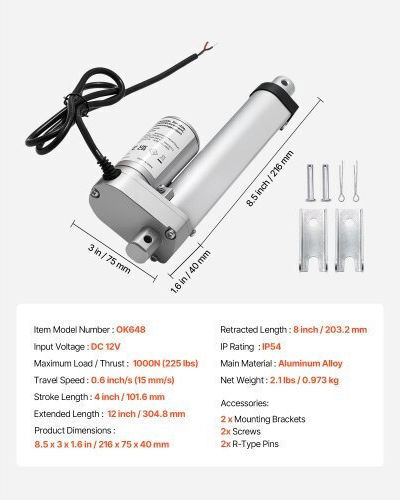 Vevor Линеен Актуатор 12v Ход 101,6 мм 15 мм/сек Високоскоростен 1000n Линеен Актуатор Движение Защита Ip54 и Монтажна Основа Бюро За Повдигане Столове Реклайнери Отварачка За Врата Прозорец