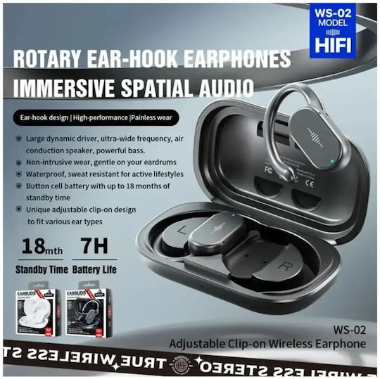 WK WS-02 Earbud Bluetooth Handsfree Earphones with Sweat Resistance and Charging Case Black