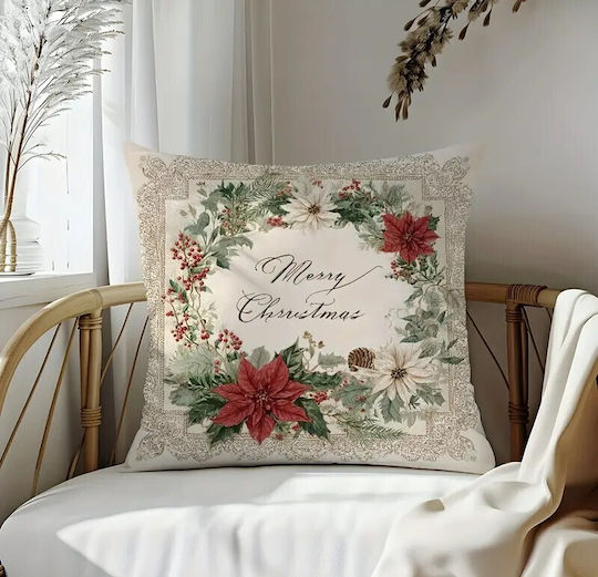 By Queen Limited Festive Edition Pillow Case Merry Wreath Poinsettias Pinecones 45x45cm