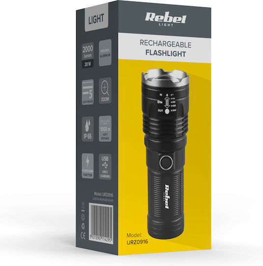 Rebel Rechargeable Flashlight LED IP65 with Maximum Brightness 2000lm