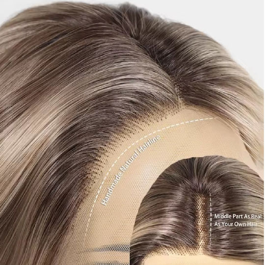 Damen Perücke Full Lace 13x4 Unsichtbare Anwendung Kastanie Highlights Synthetisches Haar Hochwertige 12 Zoll