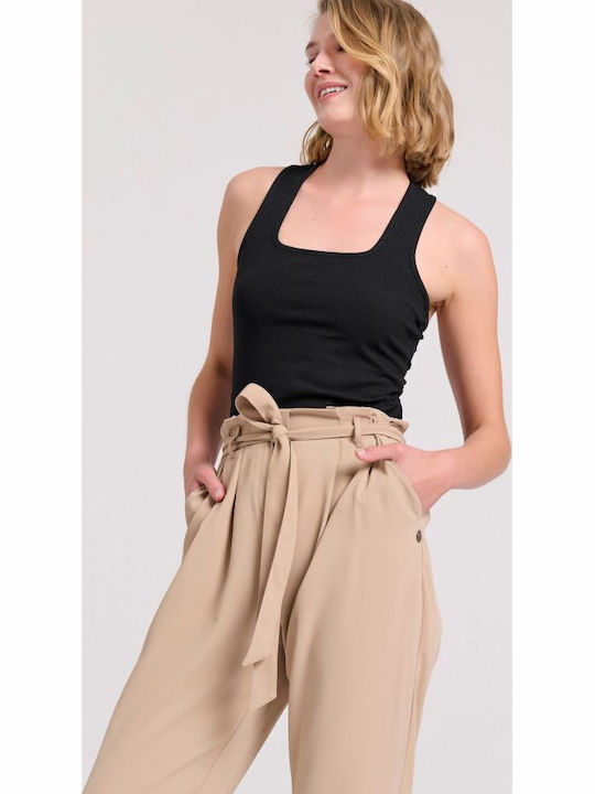 Damen Stoff Hose mit Gummizug Brown