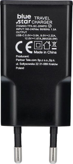 Blue Star Φορτιστής Χωρίς Καλώδιο GaN με Θύρα USB-C 20W Power Delivery / Quick Charge 4.0 Μαύρος (TFK -SC-20WPD)