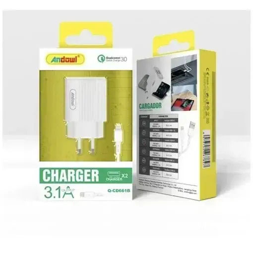 Andowl Charger with 2 USB-A Ports and Cable Lightning Whites (Q-CD661B)