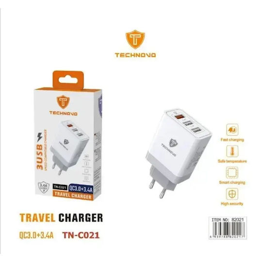 Technovo Charger Without Cable with 3 USB-A Ports 30W Quick Charge 3.0 Whites (TN-C021)