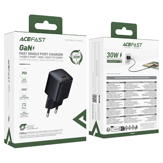 Acefast Φορτιστής Χωρίς Καλώδιο GaN με Θύρα USB-C 30W Power Delivery Μαύρος (A118)