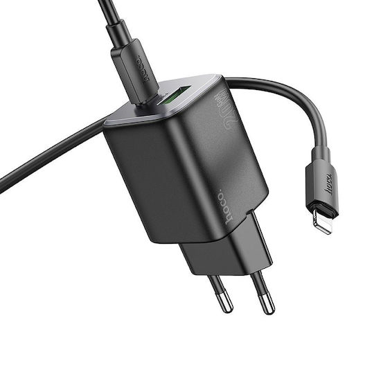 Hoco Încărcător cu Port USB-A și Port USB-C și Cablu USB-C - Lightning 20W Livrarea energiei / Quick Charge 3.0 Negruς (N41)