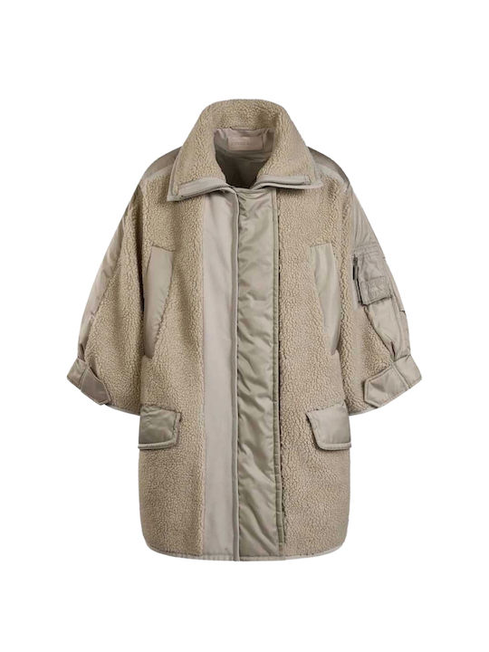Sherpa Women's Grey/Beige Coat with Buttons