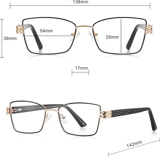 Techsuit Anti-Blue Light Glasses Reflex PC 3171 Women Rectangle Metal Frame AC Lens Gold Black