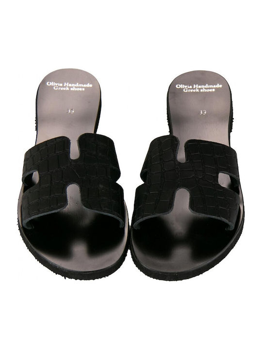 Leather Women's Flat Sandals in Black Color