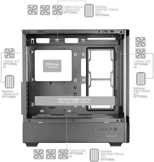 Mars Gaming MC-LCDPRO Gaming Midi Tower Κουτί Υπολογιστή με Πλαϊνό Παράθυρο Μαύρο