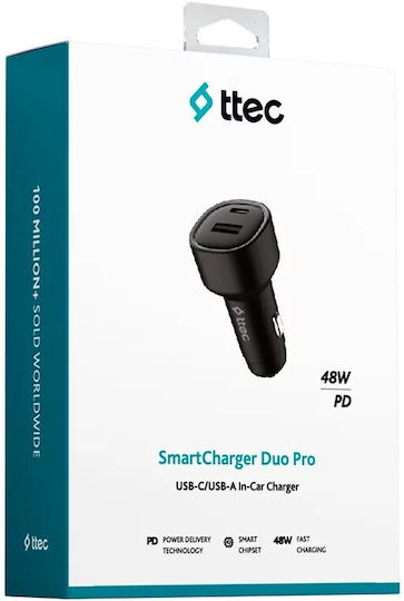 TTEC Φορτιστής Αυτοκινήτου 48W με Θύρες: 1xUSB 1xType-C