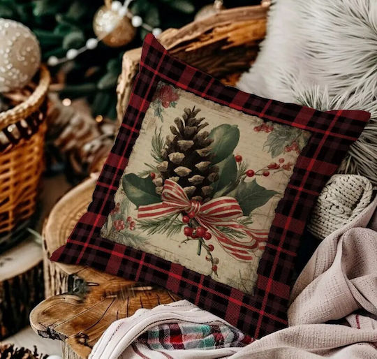 By Queen Limited Festive Edition Μαξιλαροθήκη Plaid Pinecone Ριγέ Κορδέλα