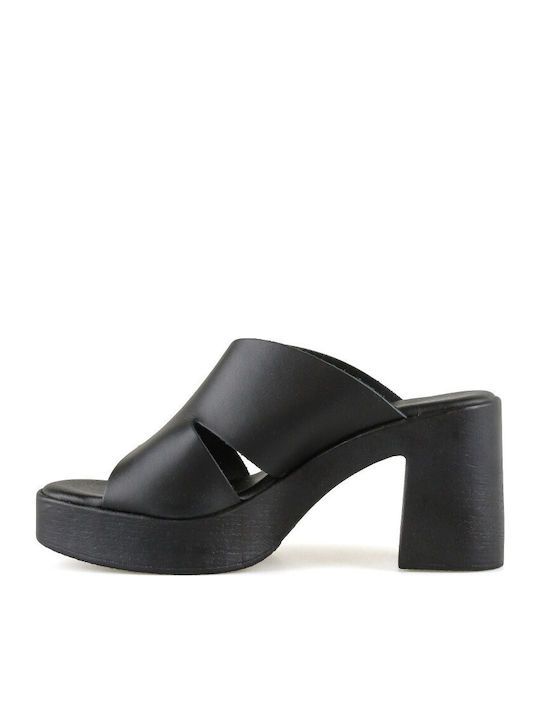 Leather Mules with High Heel in Black Color