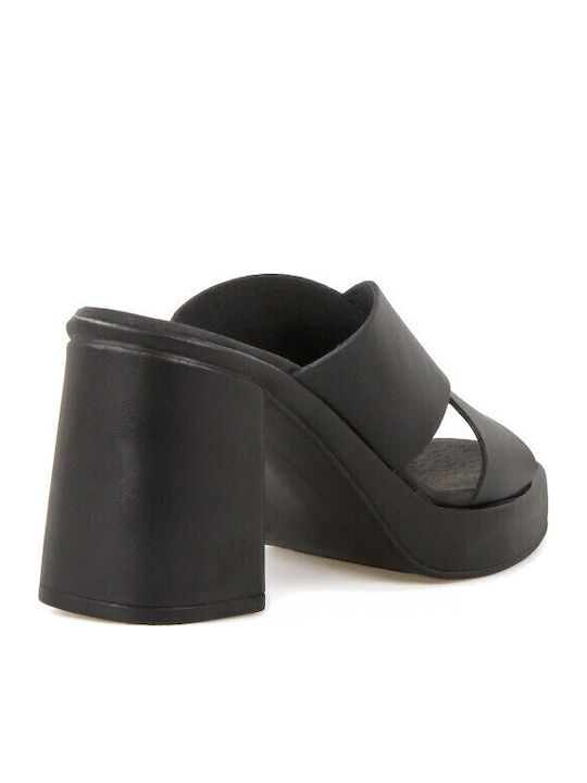 Leather Mules with High Heel in Black Color