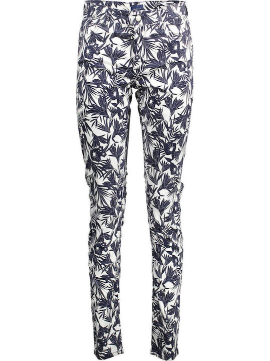 Farla Damen Stoff Hose in Schlanker Passform Blumen Marineblau