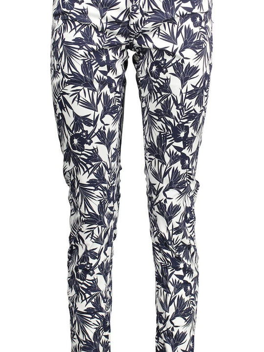 Farla Damen Stoff Hose in Schlanker Passform Blumen Marineblau