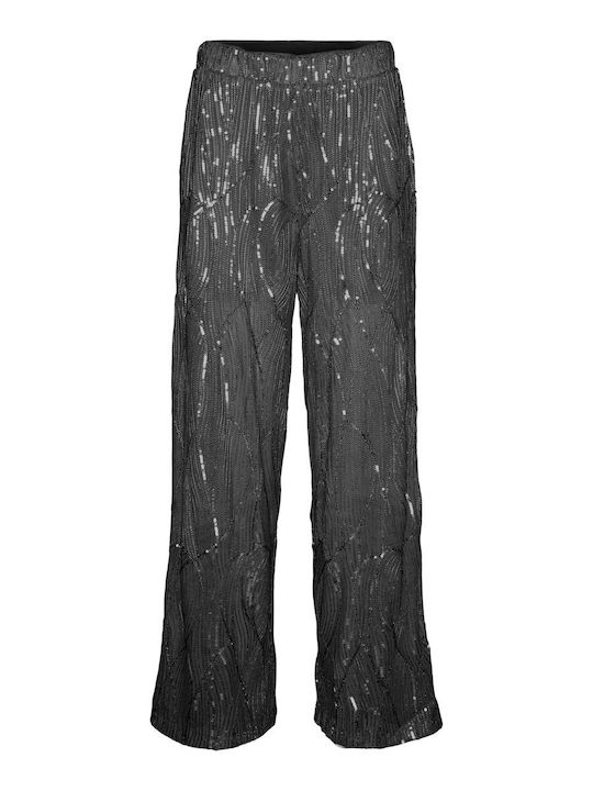 Women's Fabric Trousers Wide Line Black with Sequins