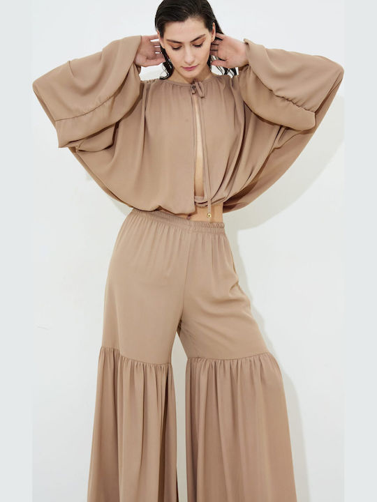 Women's Fabric Trousers with Elastic in Loose Fit Mocha Mousse
