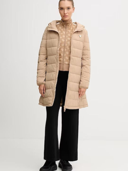New Aleta Women's Long Puffer Jacket Double Sided for Winter with Hood Beige