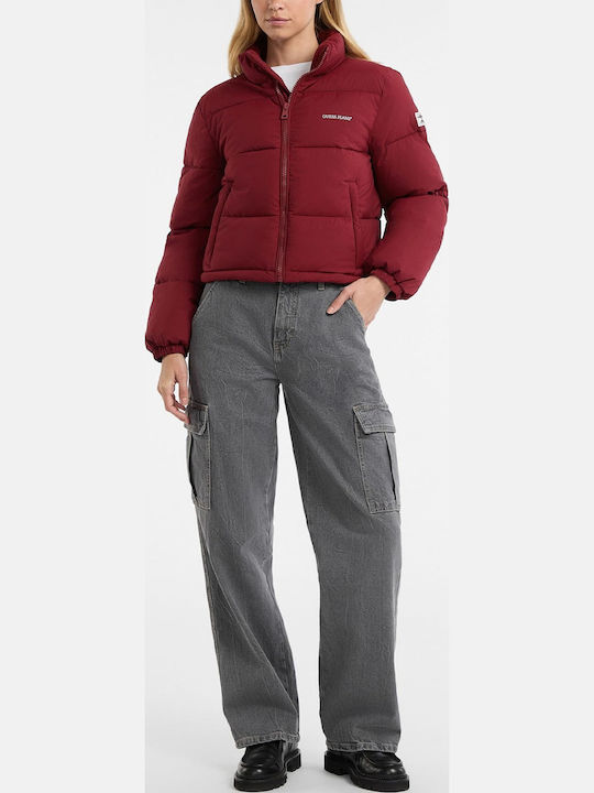 Crop Γυναικείο Puffer Μπουφάν για Χειμώνα Μπορντό