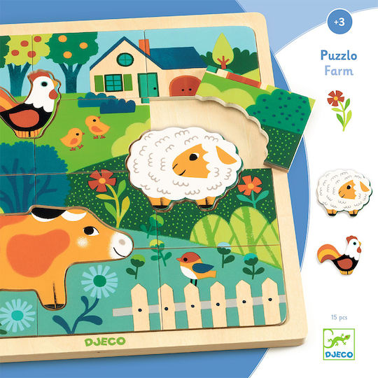 Wooden Kids Peg Puzzle Farm 15pcs Djeco
