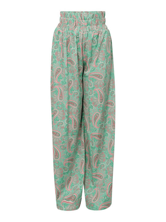 FBL007-11302 Women's High-waisted Fabric Trousers with Elastic in Wide Line Green Fig