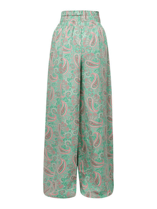 FBL007-11302 Women's High-waisted Fabric Trousers with Elastic in Wide Line Green Fig