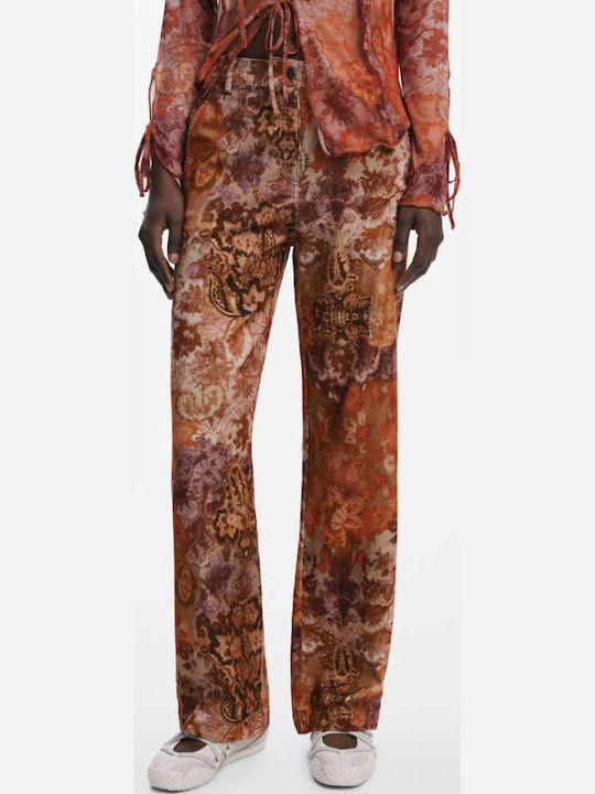 Romantica Dama Tesatura Pantaloni cu Croială Dreaptă Floral Portocaliu