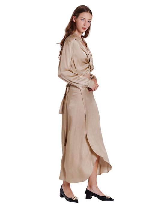 Langärmelig Damen Satin,σατεν Hemd Beige