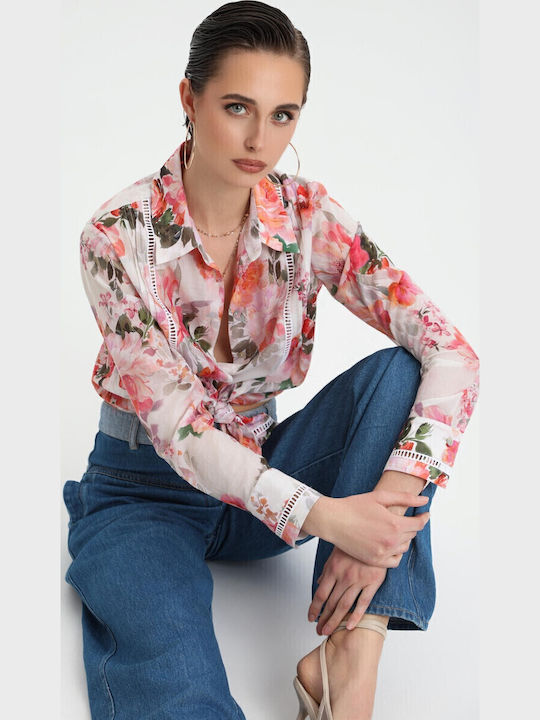 Μακρυμάνικο Γυναικείο Τζιν Πουκάμισο Pink Floral