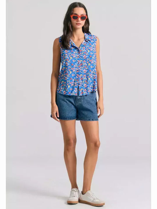 Women's Floral Sleeveless Shirt Blue