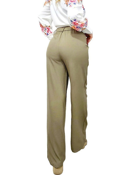 Women's Fabric Trousers Wide Line Khaki