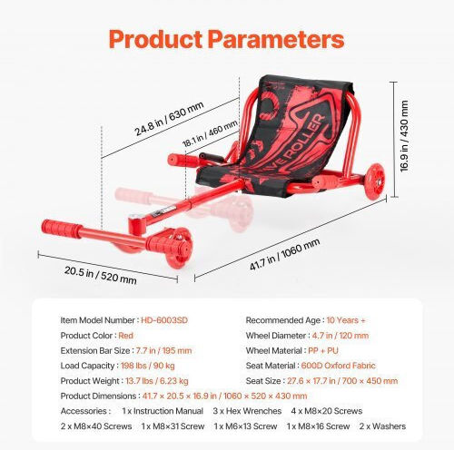 Kids Ride On Car Foot-to-Floor One-Seater Red for 10+ Years