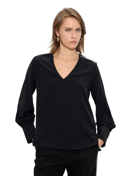 Women's Blouse Long Sleeve with V Neckline Black