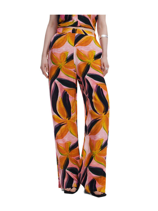 Women's Fabric Trousers with Elastic Pink/black