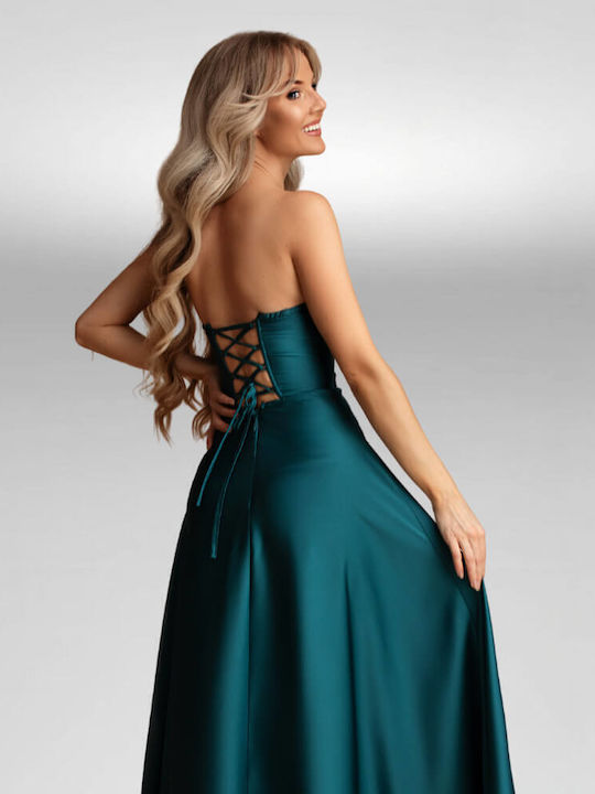 Καλοκαιρινό Maxi Φόρεμα για Γάμο / Βάπτιση Strapless Σατέν Εξώπλατο Πράσινο