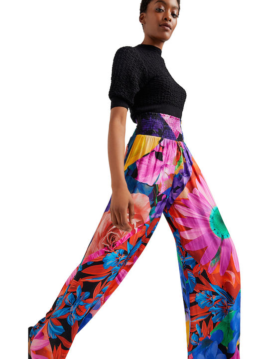 Marsella Women's High-waisted Fabric Trousers with Elastic in Palazzo Fit Floral