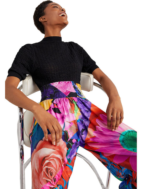 Marsella Women's High-waisted Fabric Trousers with Elastic in Palazzo Fit Floral