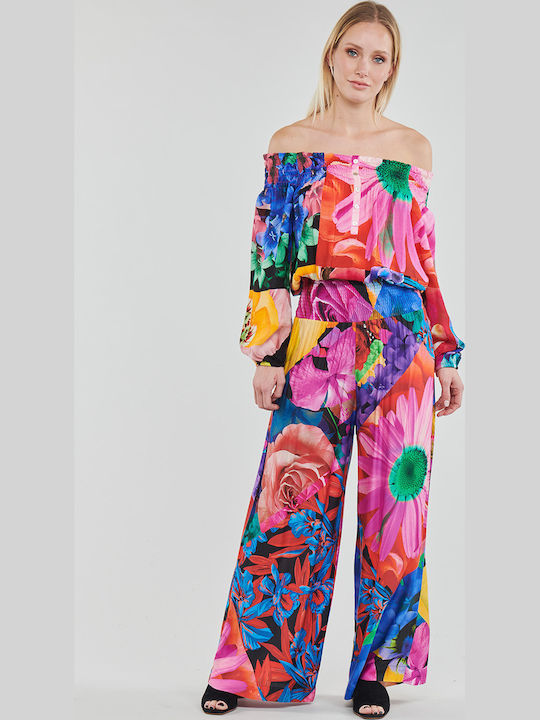Marsella Women's High-waisted Fabric Trousers with Elastic in Palazzo Fit Floral