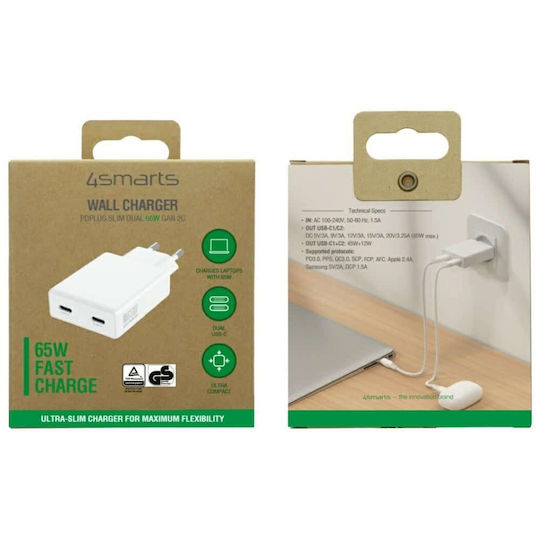 4Smarts Φορτιστής Χωρίς Καλώδιο GaN με 2 Θύρες USB-C 65W Power Delivery Λευκός (PDPlug Slim Dual)