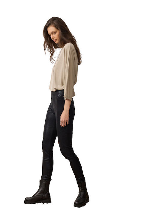 Women's Fabric Trousers with Elastic Slim Fit Black
