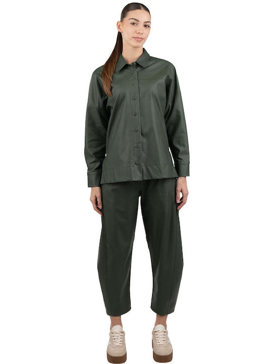 Women's Leather Long Sleeve Shirt Khaki
